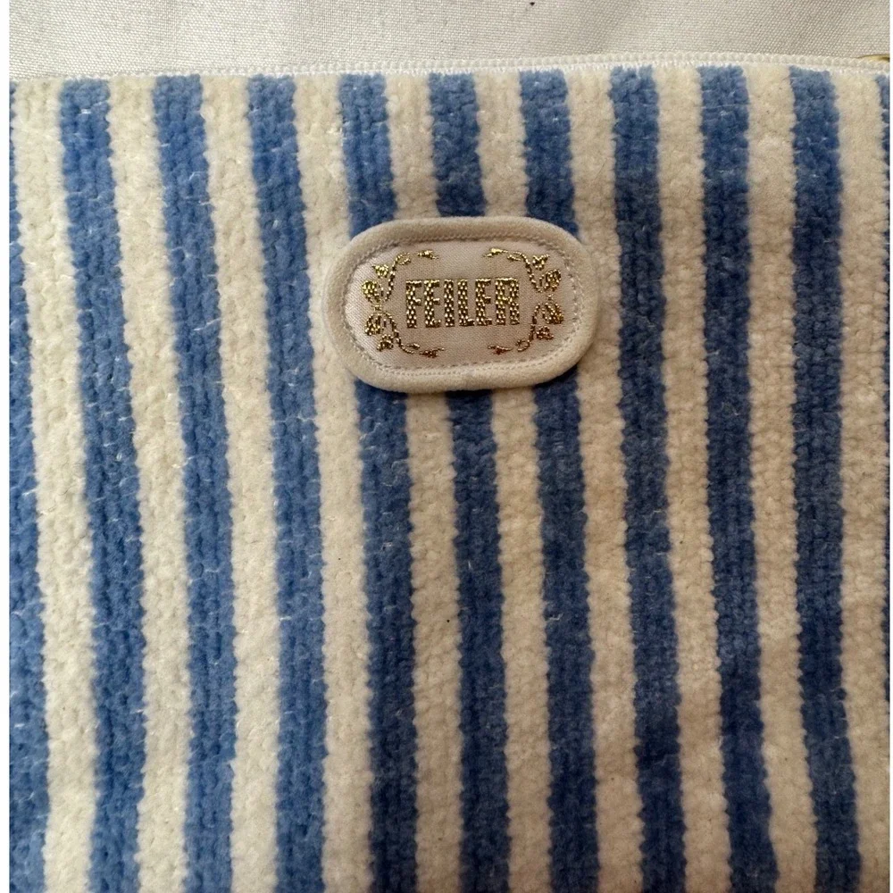 Feiler Germany Chenille Tapestry Pouch Blue White Striped Floral Cosmetic Bag